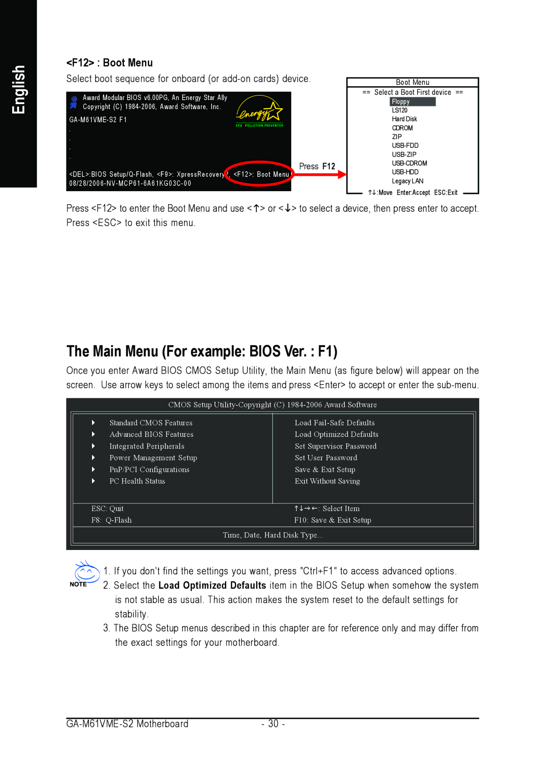 AMD GA-M61VME-S2 user manual Main Menu For example Bios Ver. F1, F12 Boot Menu 