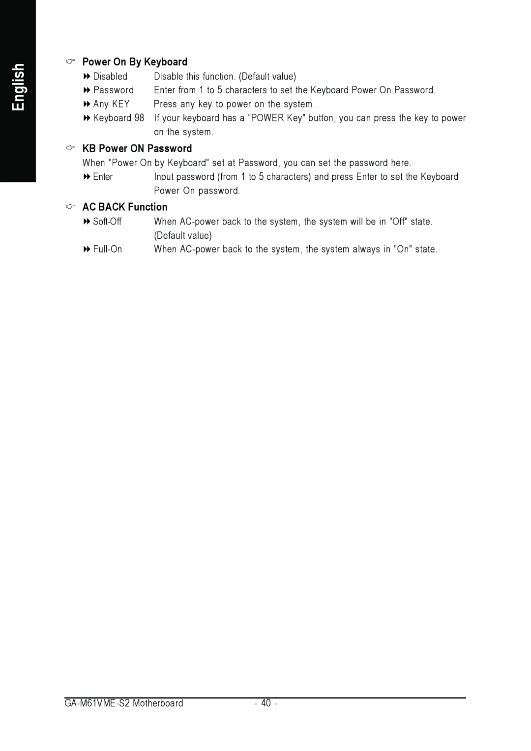 AMD GA-M61VME-S2 user manual Power On By Keyboard, KB Power on Password, AC Back Function 