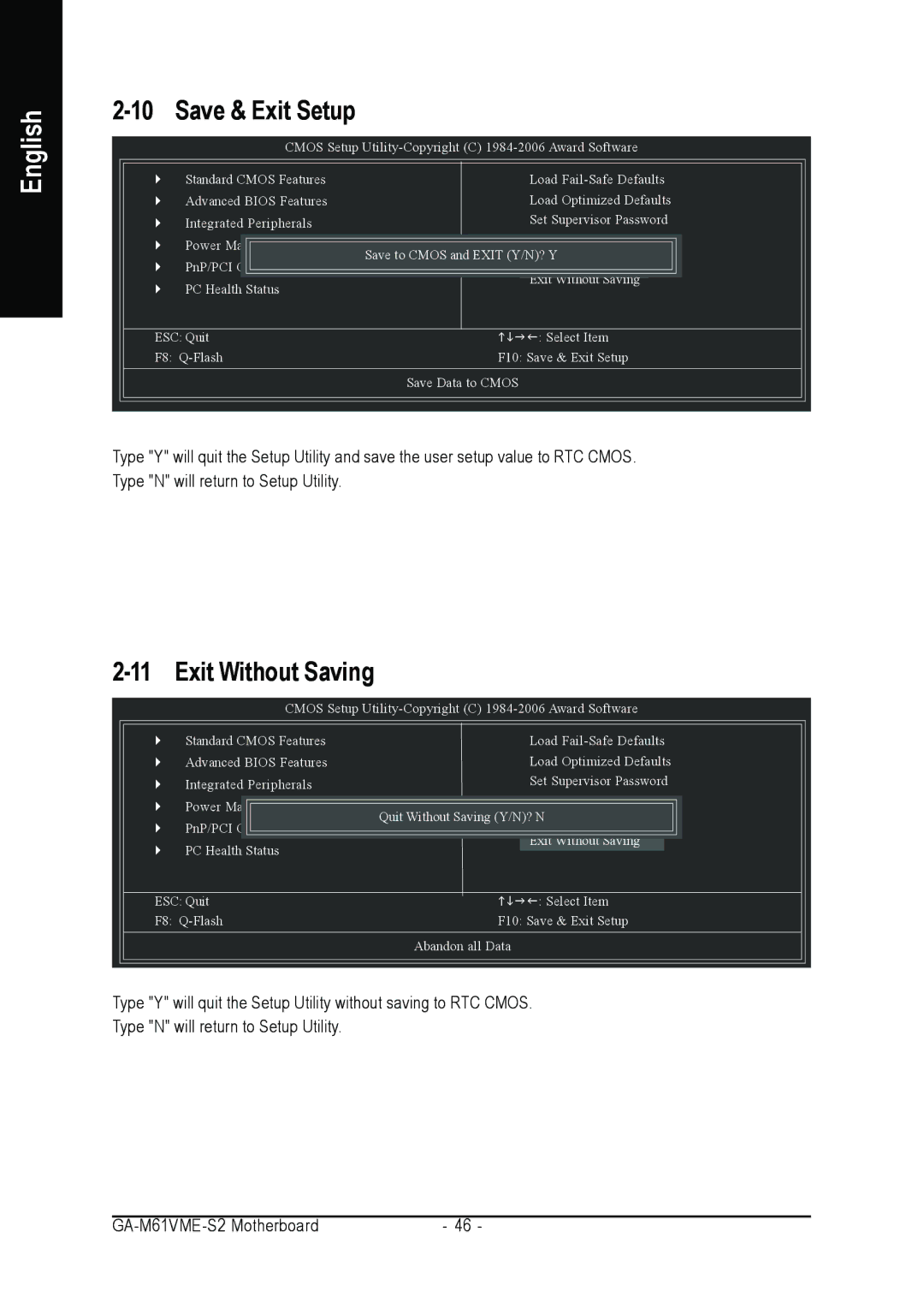 AMD GA-M61VME-S2 user manual Save & Exit Setup, Exit Without Saving 