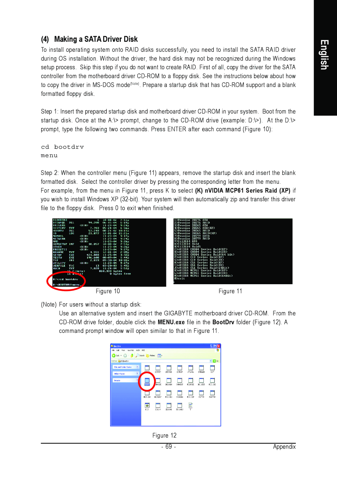 AMD GA-M61VME-S2 user manual Making a Sata Driver Disk, Cd bootdrv Menu 