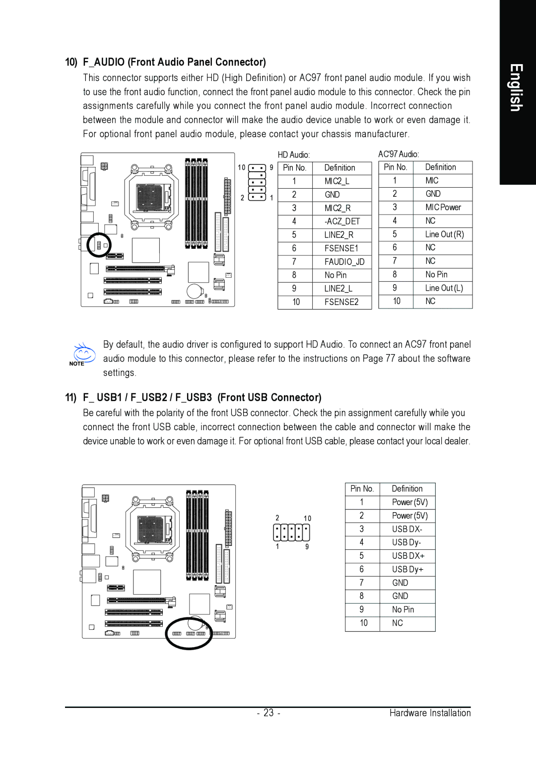 AMD GA-MA69VM-S2 user manual Faudio Front Audio Panel Connector, USB1 / FUSB2 / FUSB3 Front USB Connector 