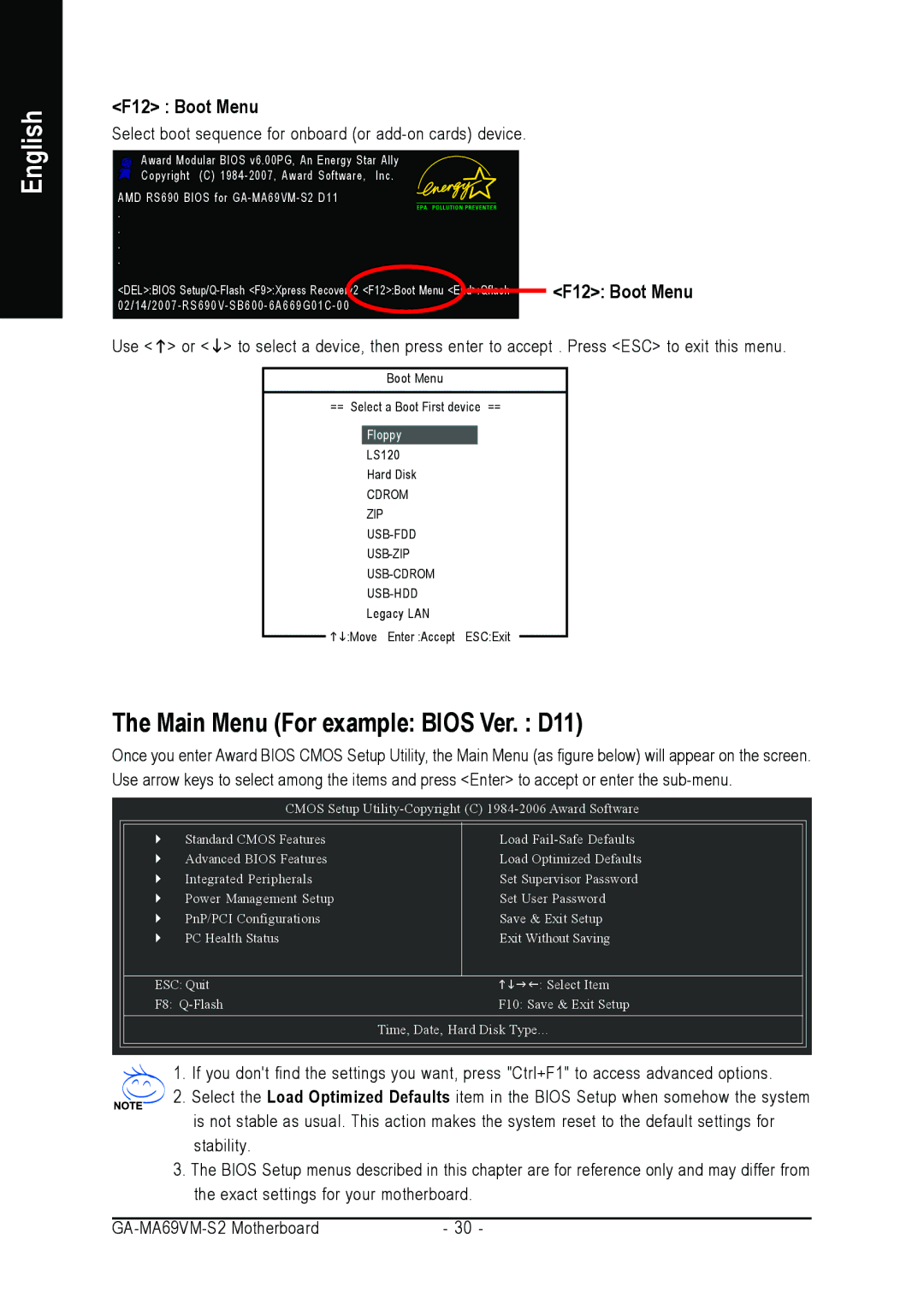 AMD GA-MA69VM-S2 user manual Main Menu For example Bios Ver. D11, F12 Boot Menu 