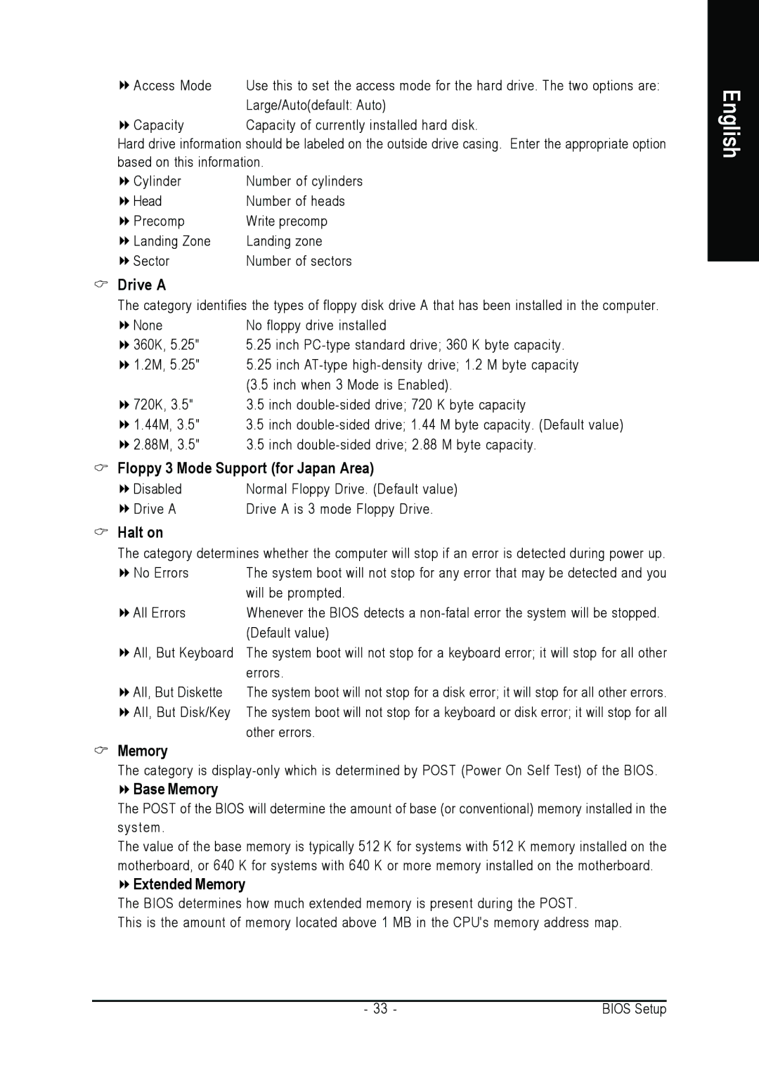 AMD GA-MA69VM-S2 user manual Drive a, Floppy 3 Mode Support for Japan Area, Halt on, Base Memory, Extended Memory 