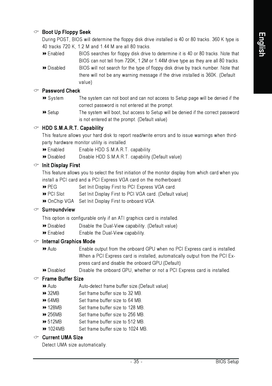 AMD GA-MA69VM-S2 Boot Up Floppy Seek, Password Check, HDD S.M.A.R.T. Capability, Init Display First, Surroundview 