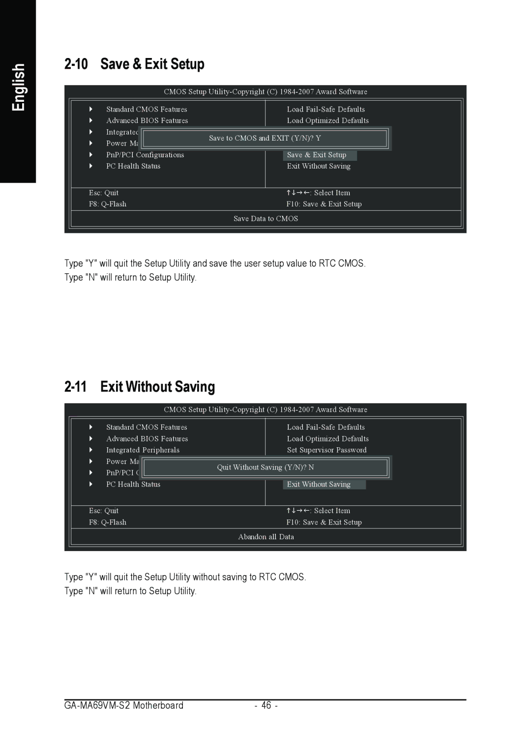 AMD GA-MA69VM-S2 user manual Save & Exit Setup, Exit Without Saving 