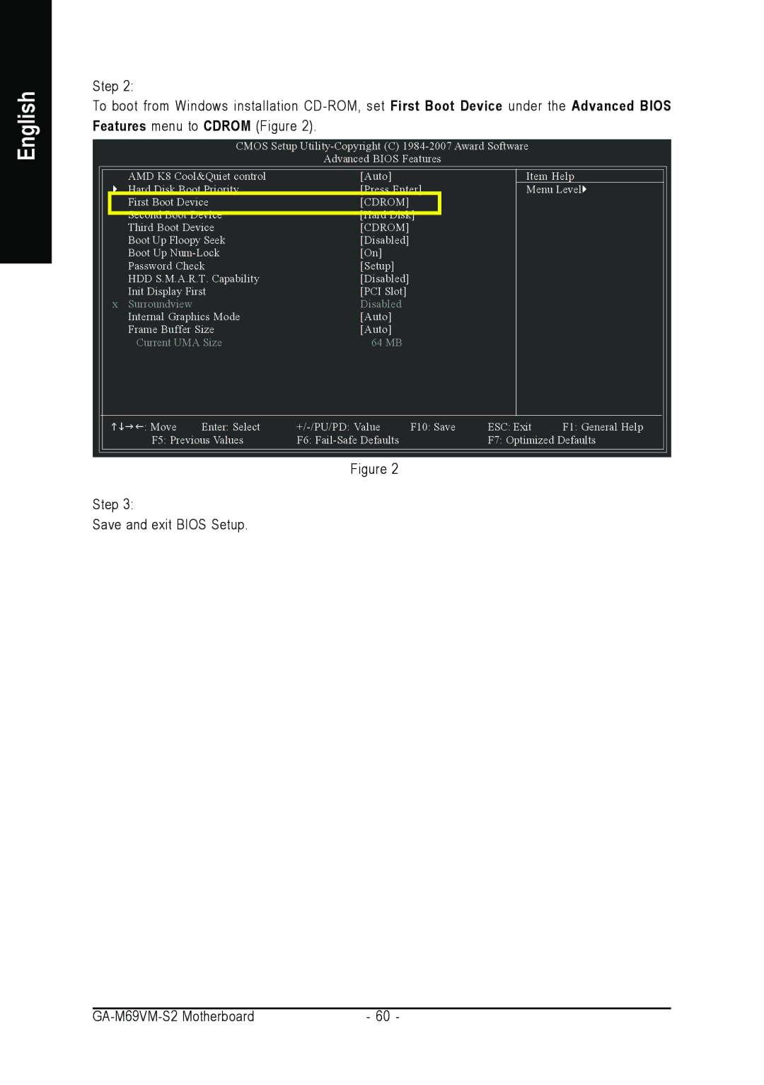 AMD GA-MA69VM-S2 user manual Step Save and exit Bios Setup GA-M69VM-S2 Motherboard 