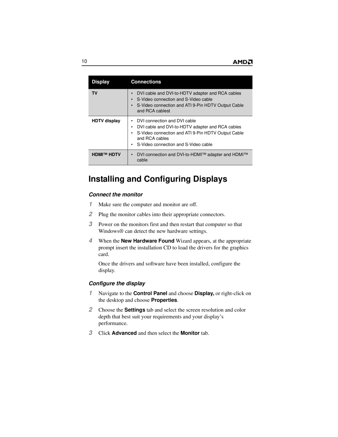 AMD HD 2400 manual Installing and Configuring Displays, Connect the monitor, Configure the display, Hdtv display 