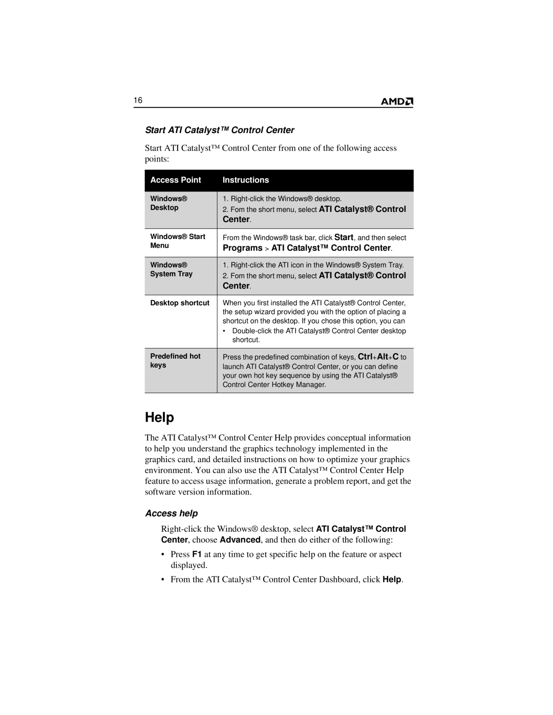 AMD HD 2400 manual Help, Start ATI Catalyst Control Center, Access help 