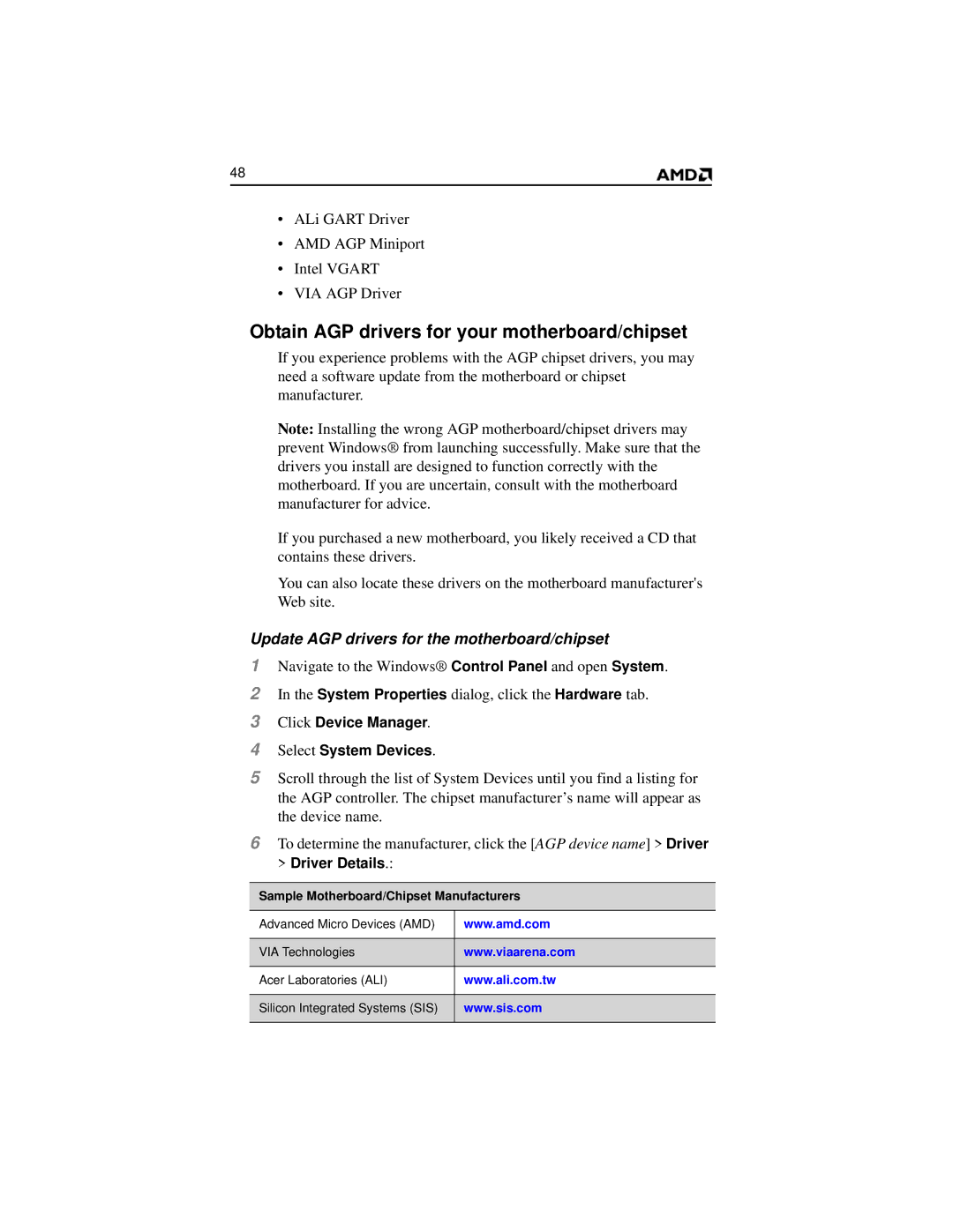 AMD HD 2400 manual Update AGP drivers for the motherboard/chipset, Sample Motherboard/Chipset Manufacturers 