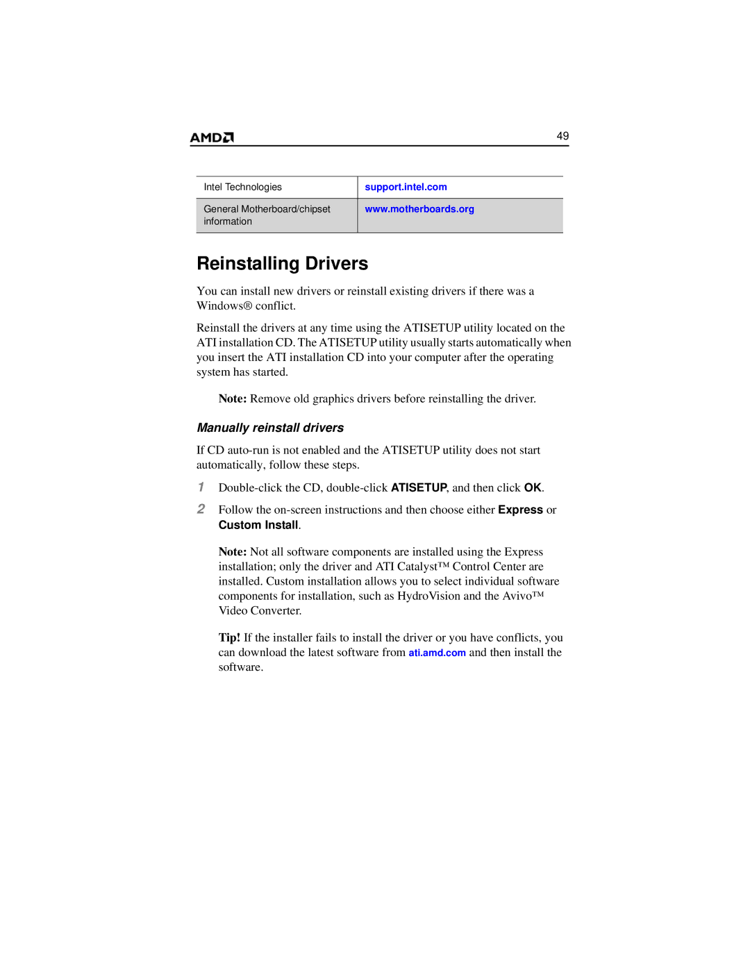 AMD HD 2400 manual Reinstalling Drivers, Manually reinstall drivers 