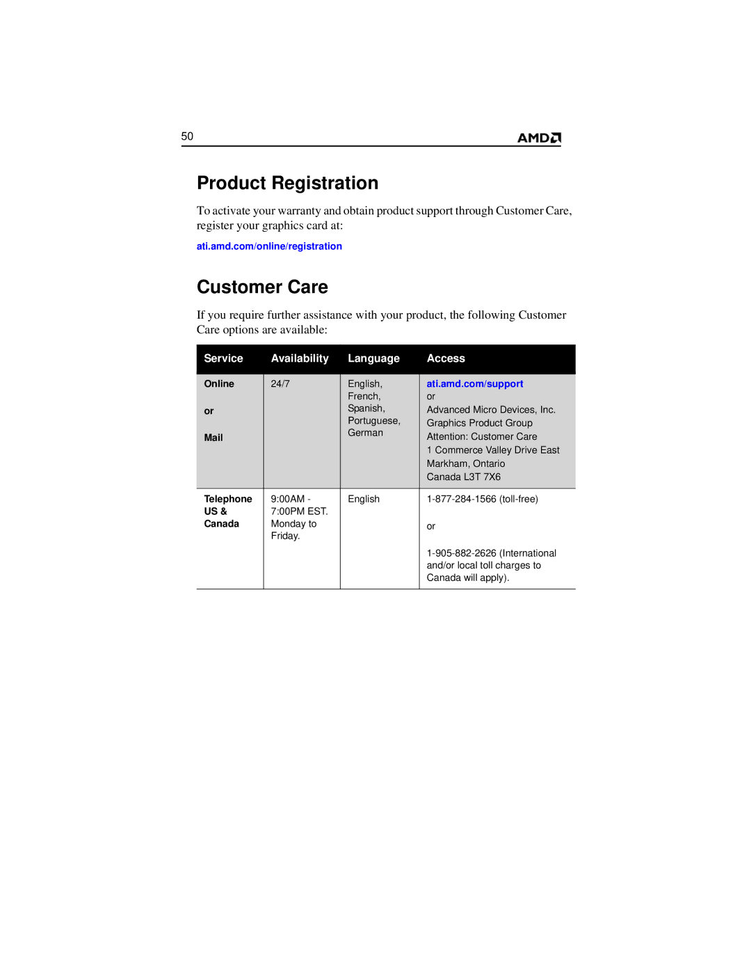 AMD HD 2400 manual Product Registration, Customer Care 