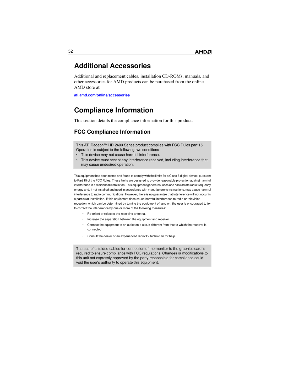 AMD HD 2400 manual Additional Accessories, Compliance Information 