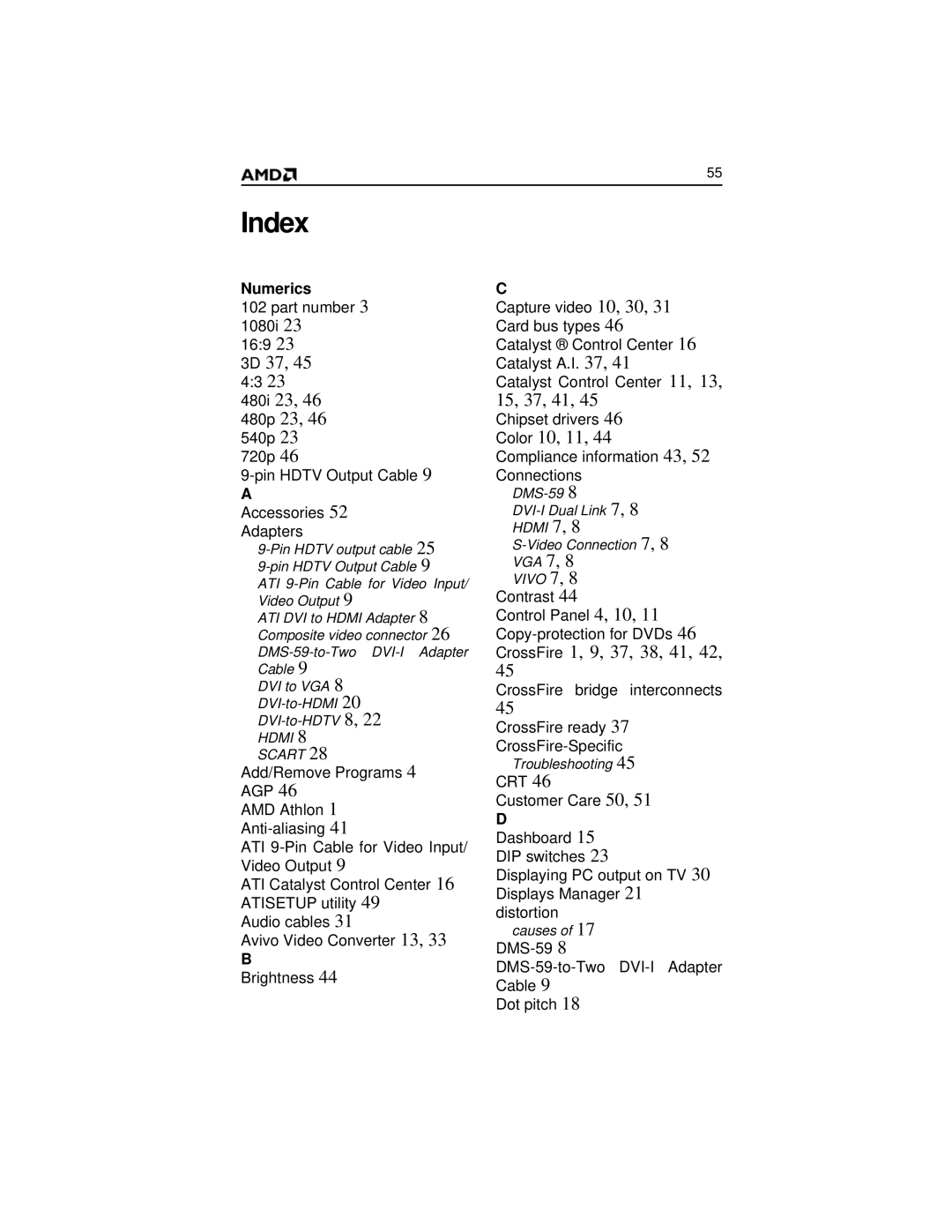 AMD HD 2400 manual Index, 3D 37 480i 23 480p 23 