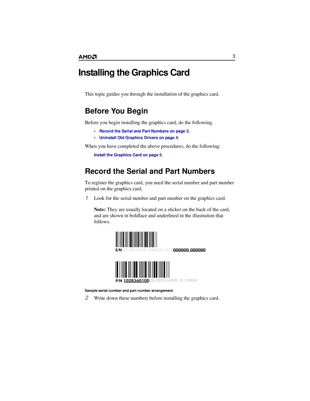 AMD HD 2400 manual Installing the Graphics Card, Before You Begin, Record the Serial and Part Numbers 