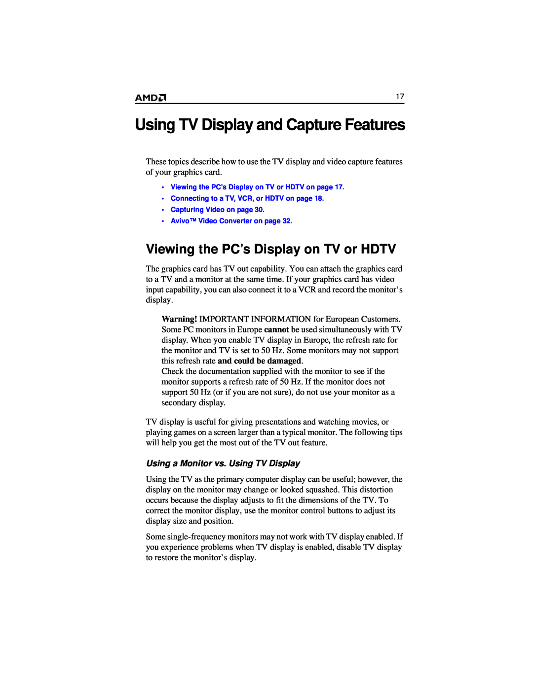 AMD HD 2400 manual Using TV Display and Capture Features, Viewing the PC’s Display on TV or HDTV 