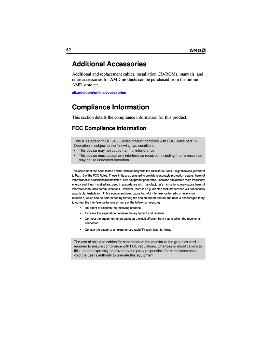 AMD HD 2400 manual Additional Accessories, FCC Compliance Information, ati.amd.com/online/accessories 