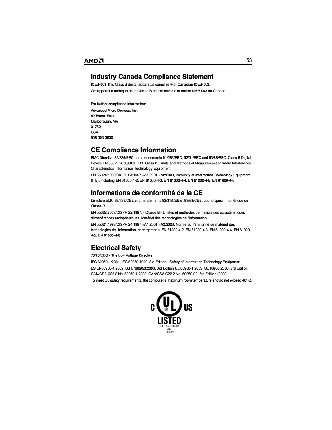 AMD HD 2400 manual Industry Canada Compliance Statement, CE Compliance Information, Informations de conformité de la CE 
