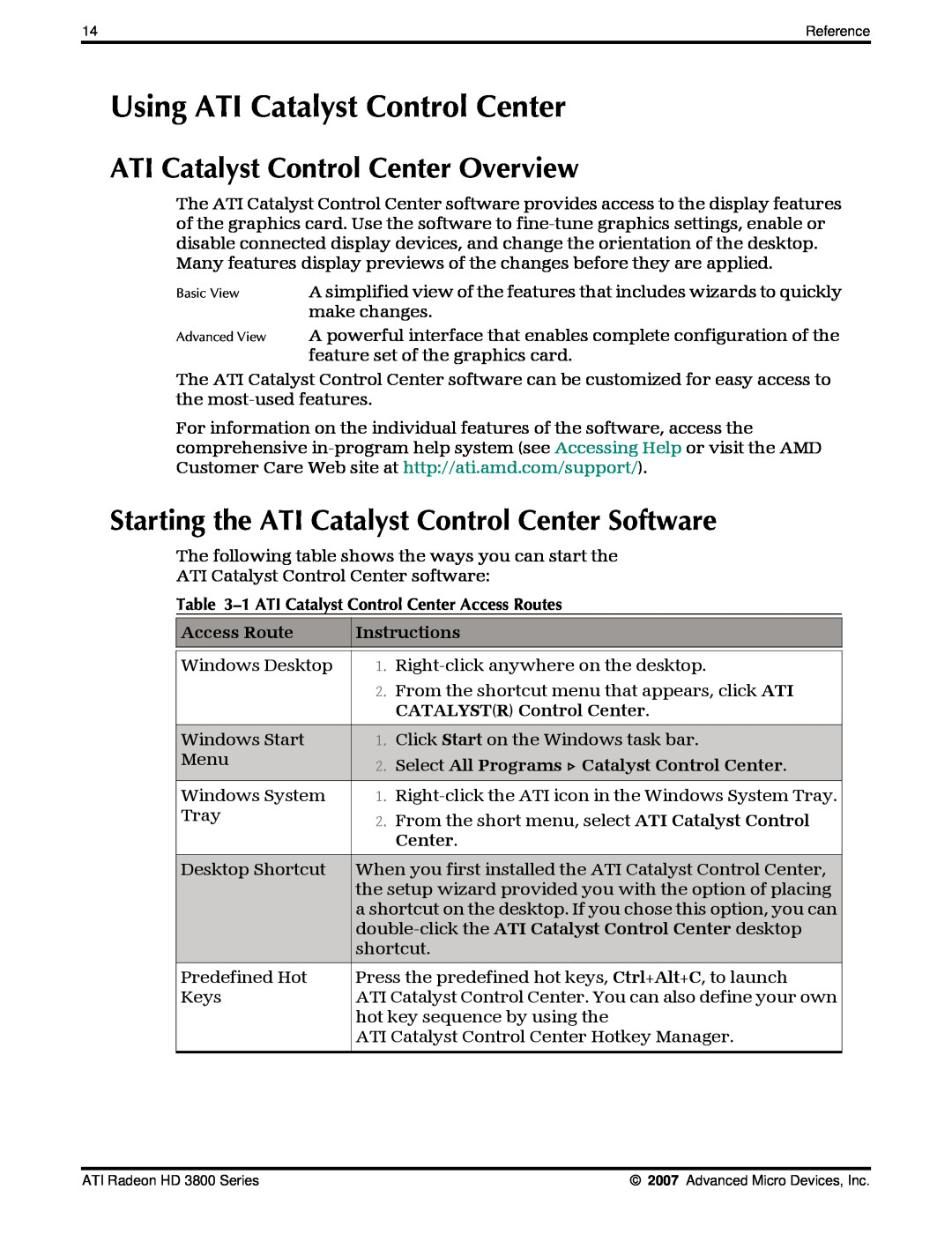AMD HD 3800 manual Using ATI Catalyst Control Center, ATI Catalyst Control Center Overview, Access Route, Instructions 