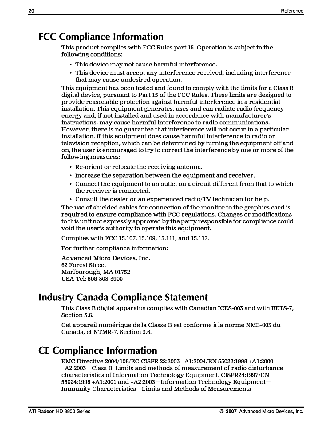 AMD HD 3800 manual FCC Compliance Information, Industry Canada Compliance Statement, CE Compliance Information 