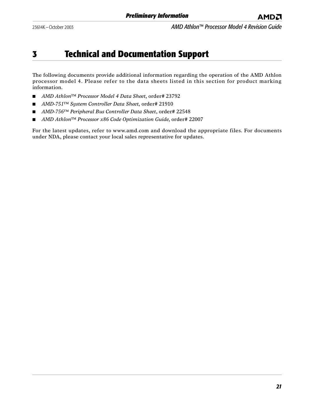 AMD K manual Technical and Documentation Support 