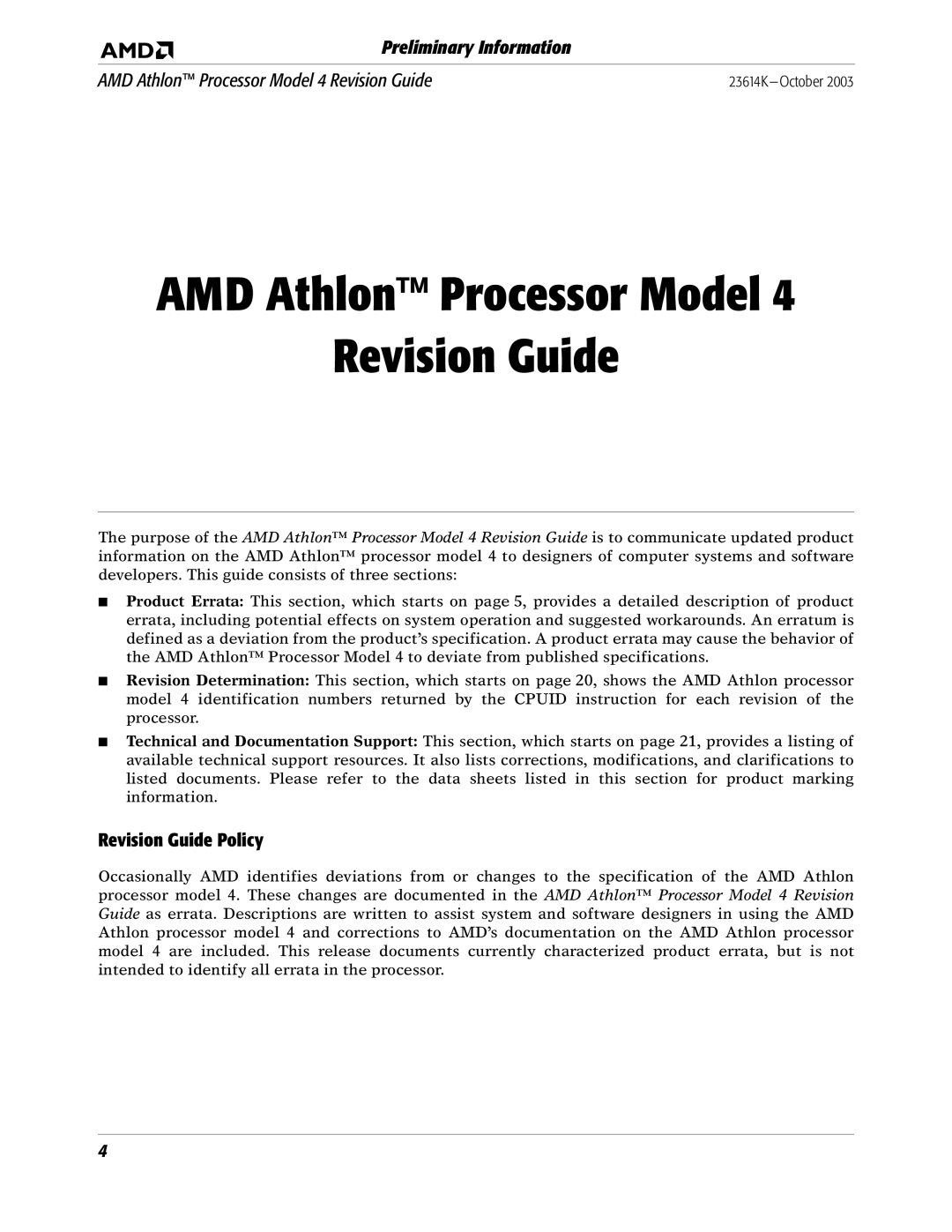 AMD K manual AMD Athlon Processor Model Revision Guide, Revision Guide Policy 