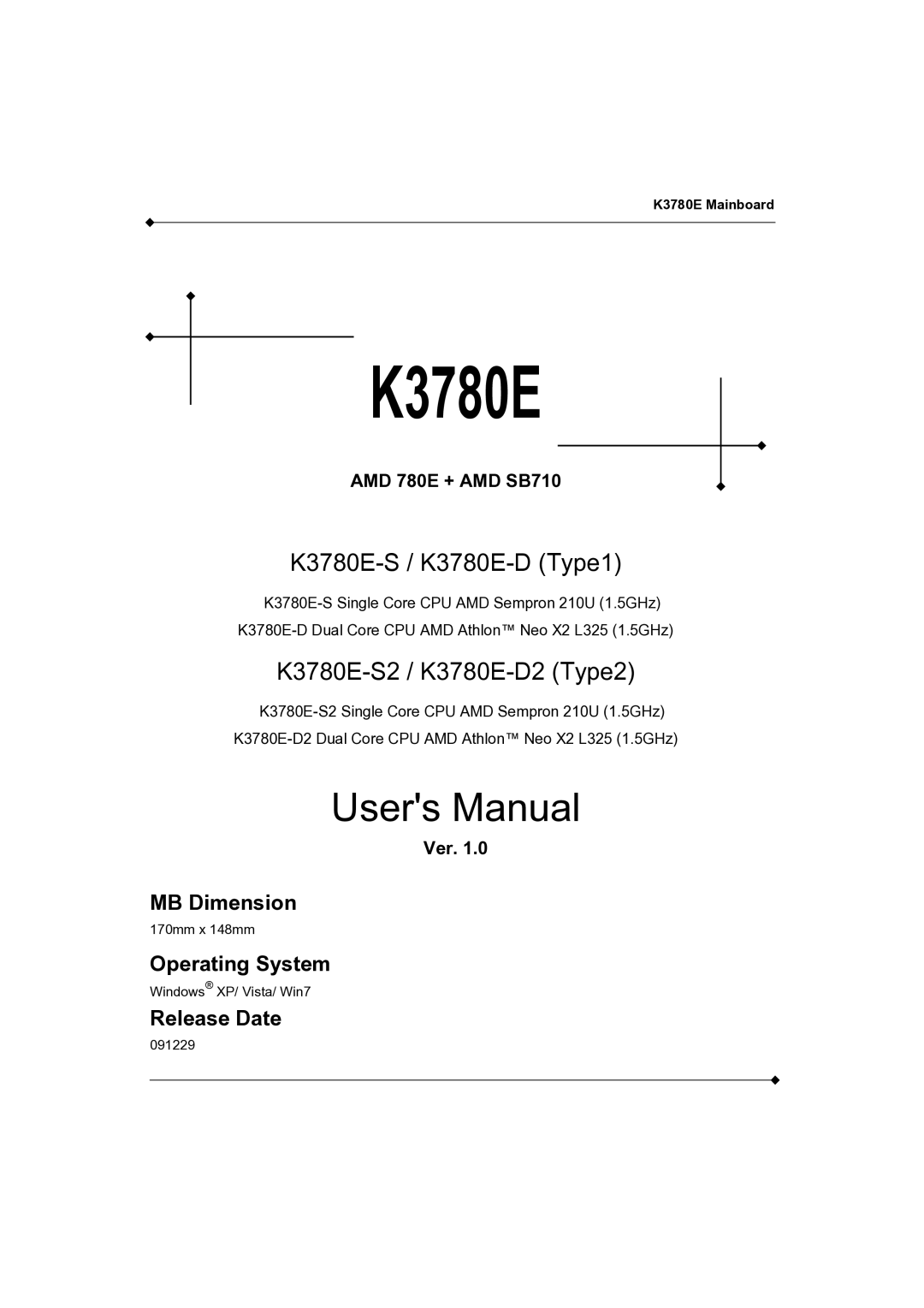 AMD K3780E-S2, K3780E-D2 user manual MB Dimension, Operating System, Release Date 