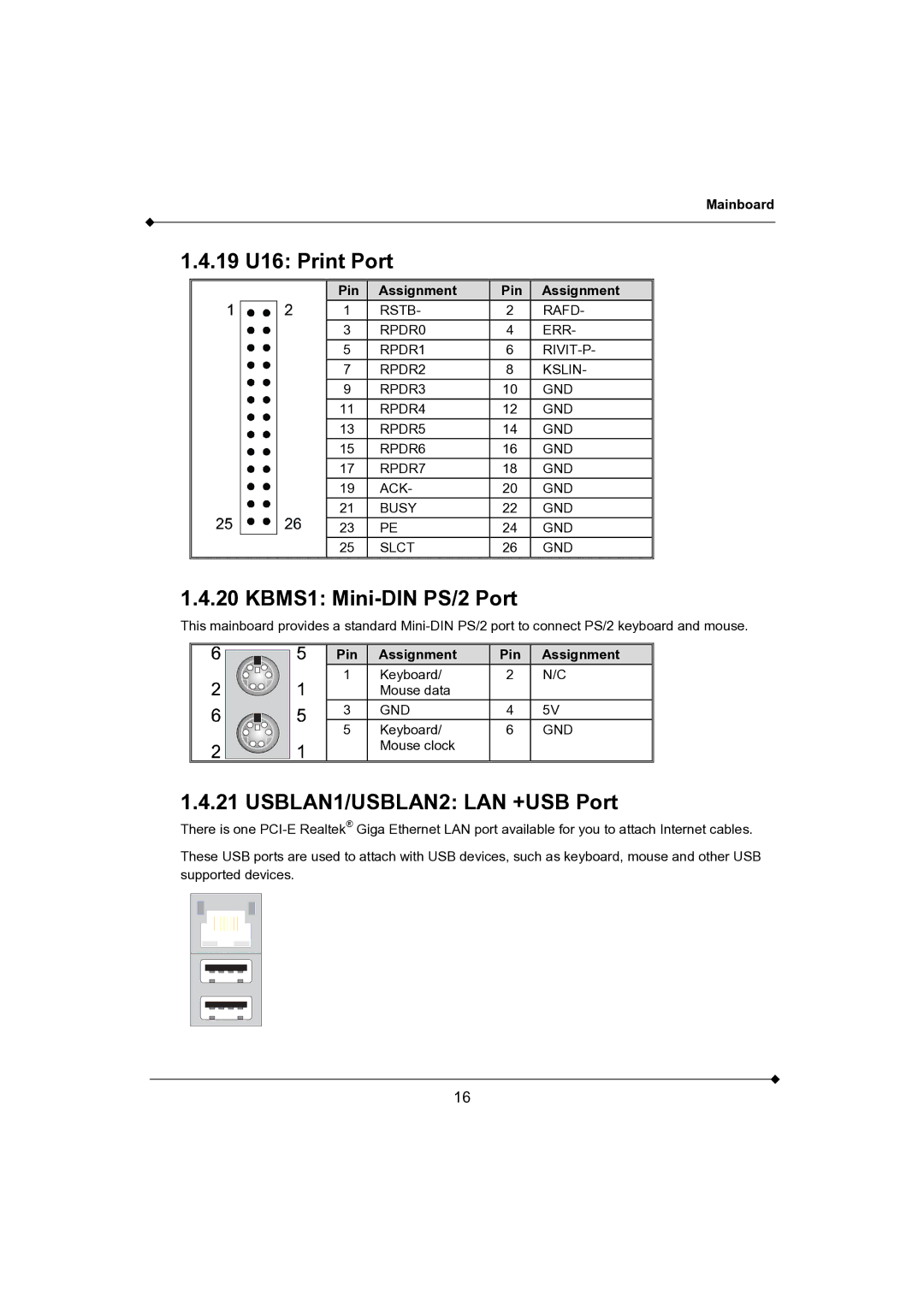 AMD K3780E-S2, K3780E-D2 user manual 19 U16 Print Port, KBMS1 Mini-DIN PS/2 Port, USBLAN1/USBLAN2 LAN +USB Port 