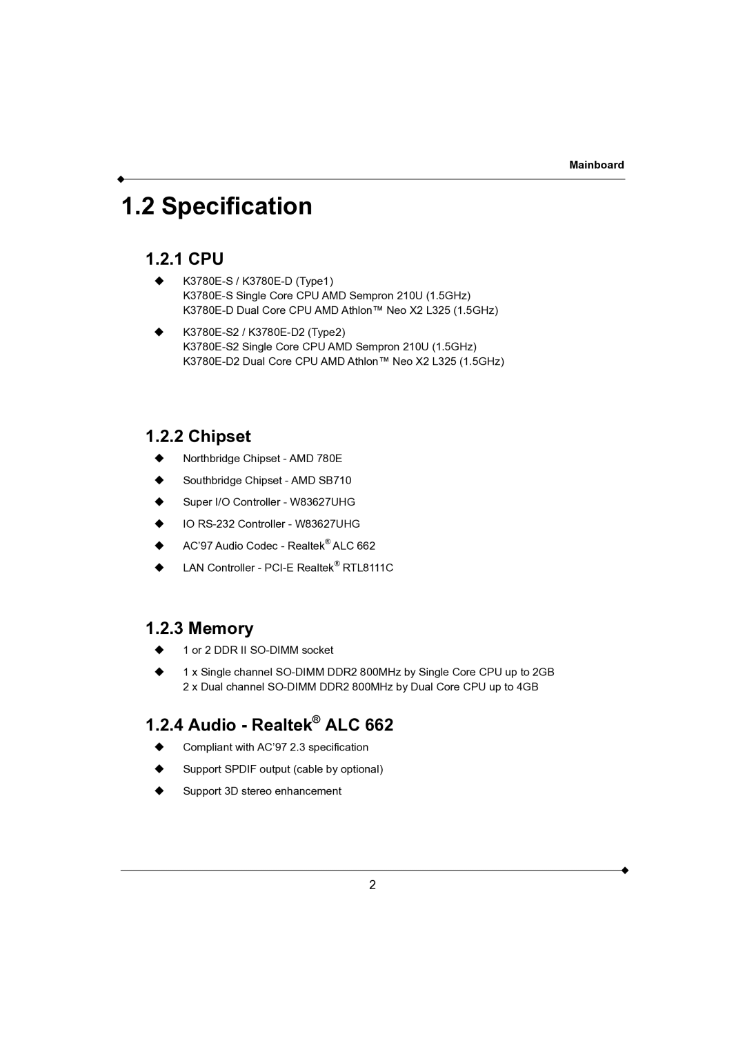 AMD K3780E-S2, K3780E-D2 user manual 1 CPU, Chipset, Memory, Audio Realtek ALC 