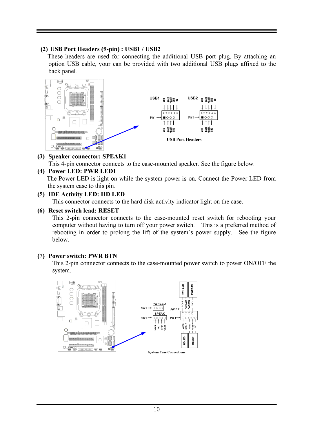 AMD KM780V USB Port Headers 9-pin USB1 / USB2, Speaker connector SPEAK1, Power LED PWR LED1, IDE Activity LED HD LED 