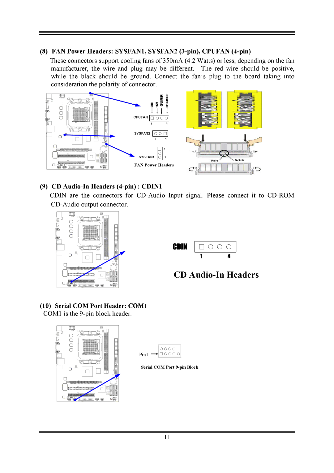 AMD KM780V user manual FAN Power Headers SYSFAN1, SYSFAN2 3-pin, Cpufan 4-pin, CD Audio-In Headers 4-pin CDIN1 