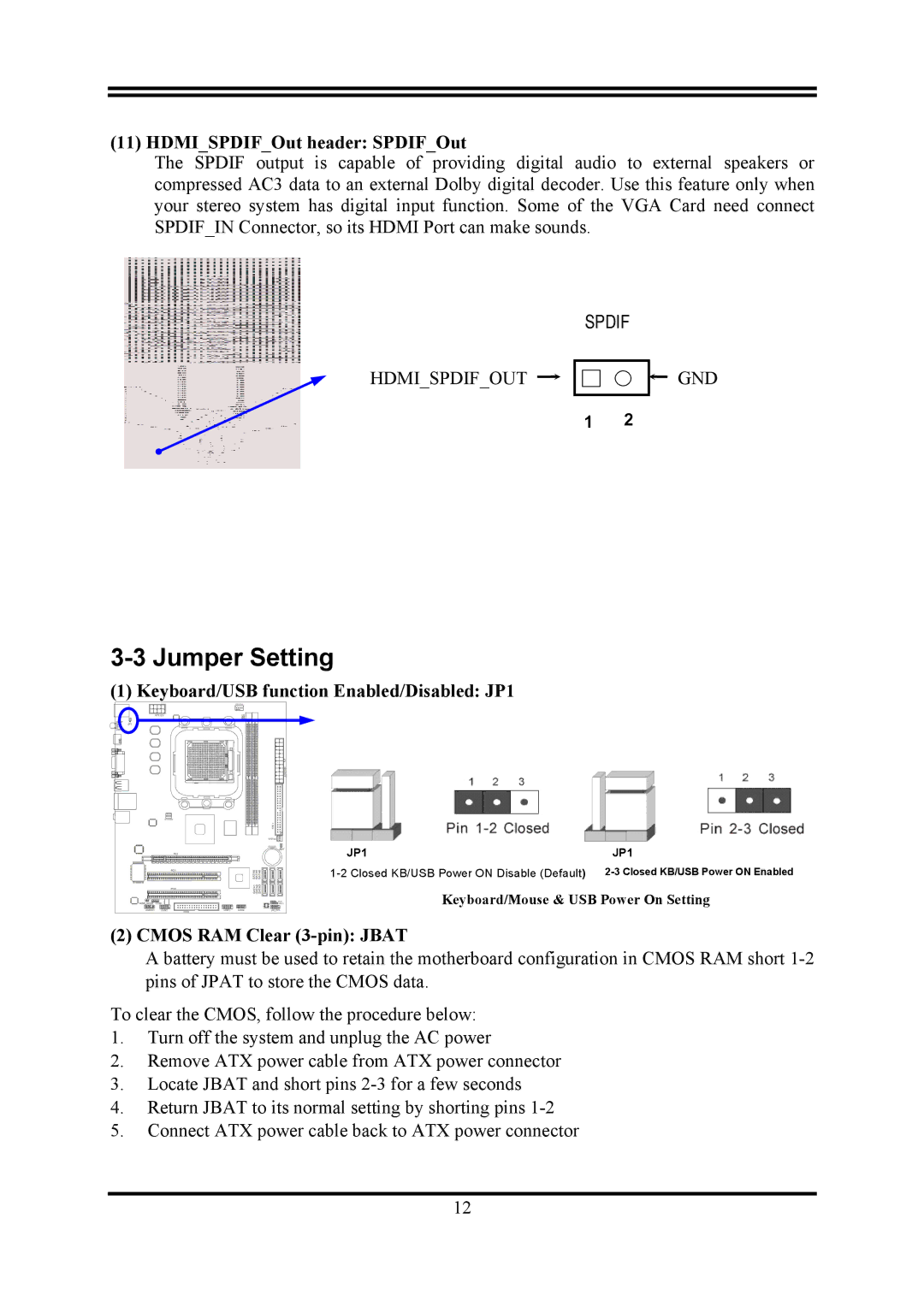 AMD KM780V user manual Jumper Setting, HDMISPDIFOut header SPDIFOut, Keyboard/USB function Enabled/Disabled JP1 