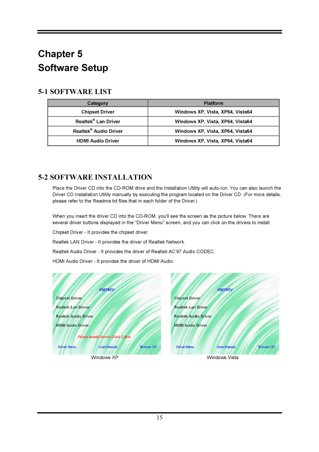 AMD KM780V user manual Chapter Software Setup, Software List 