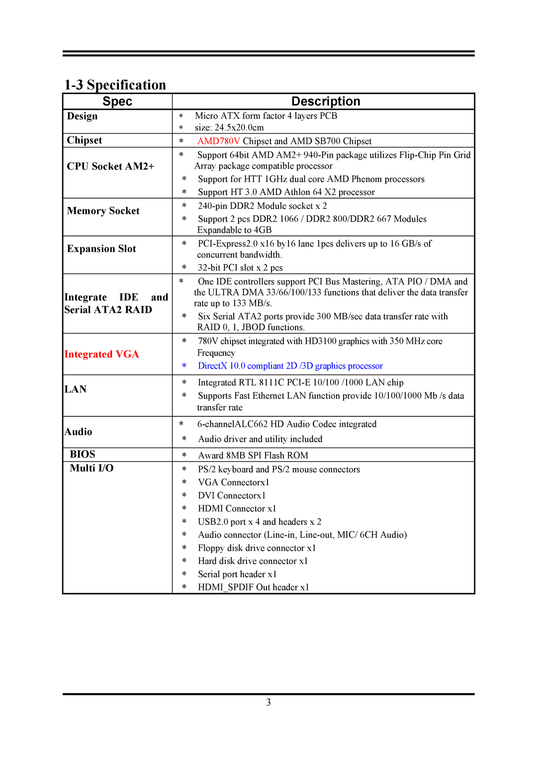 AMD KM780V Design, Chipset, CPU Socket AM2+, Memory Socket, Expansion Slot, Integrate IDE, Serial ATA2 RAID, Audio 