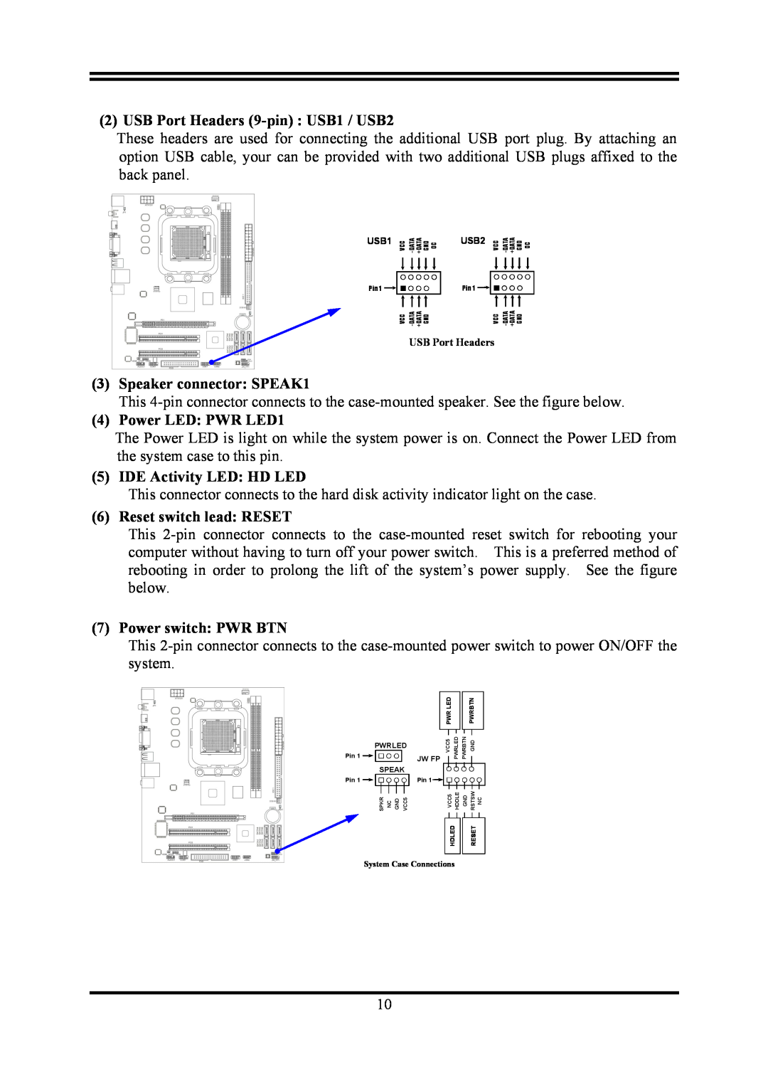 AMD KM780V USB Port Headers 9-pin USB1 / USB2, Speaker connector SPEAK1, Power LED PWR LED1, IDE Activity LED HD LED 