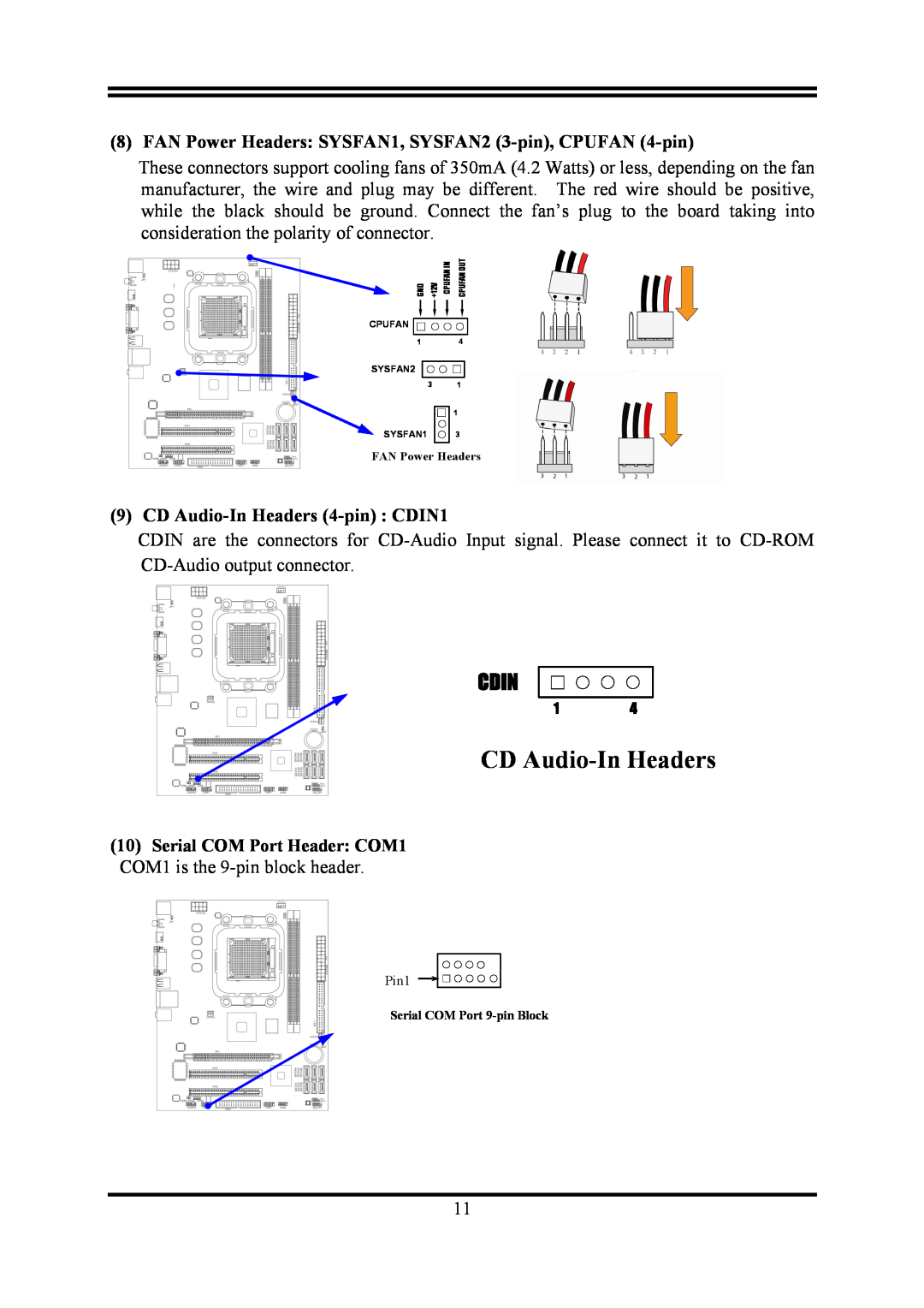 AMD KM780V user manual FAN Power Headers SYSFAN1, SYSFAN2 3-pin, CPUFAN 4-pin, CD Audio-In Headers 4-pin CDIN1, Cdin 