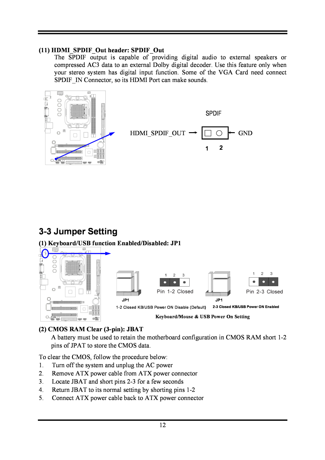 AMD KM780V user manual Jumper Setting, HDMISPDIFOut header SPDIFOut, Keyboard/USB function Enabled/Disabled JP1 
