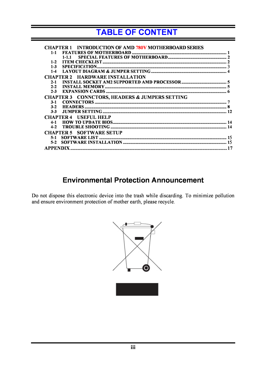AMD KM780V user manual Table Of Content, Environmental Protection Announcement, INTRODUCTION OF AMD 780V MOTHERBOARD SERIES 