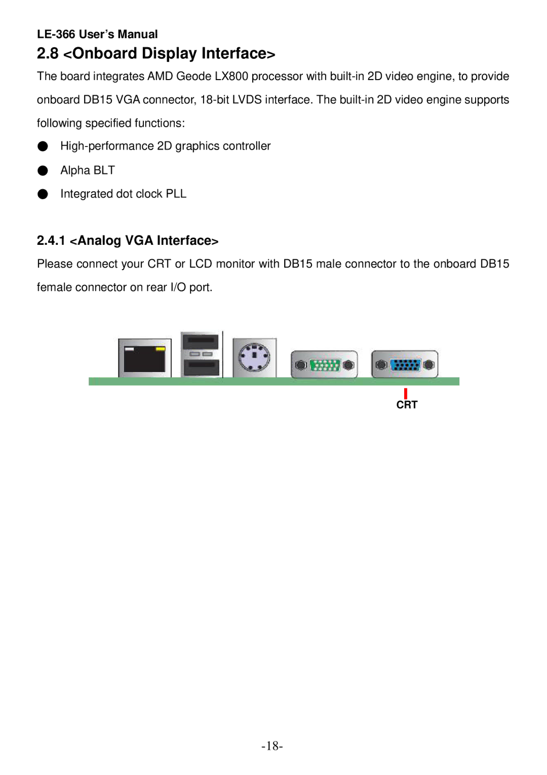 AMD LE-366 user manual Onboard Display Interface, Analog VGA Interface 