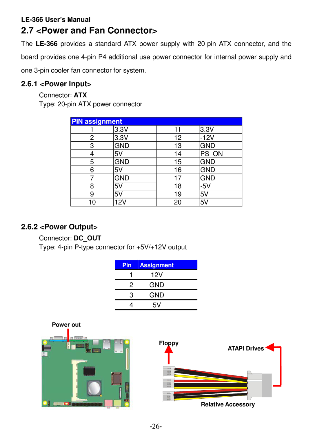 AMD LE-366 user manual Power and Fan Connector, Power Input, Power Output 