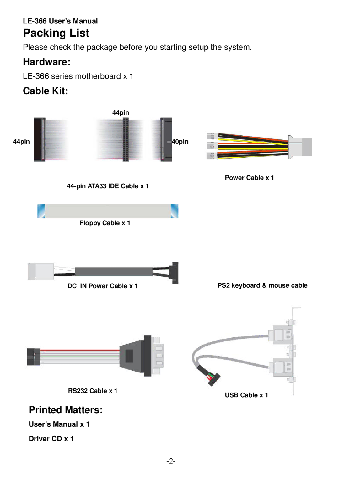 AMD LE-366 user manual Packing List, Hardware, Cable Kit, Printed Matters 