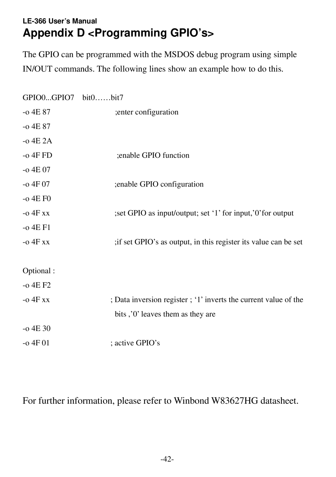 AMD LE-366 user manual Appendix D Programming GPIO’s, GPIO0...GPIO7 