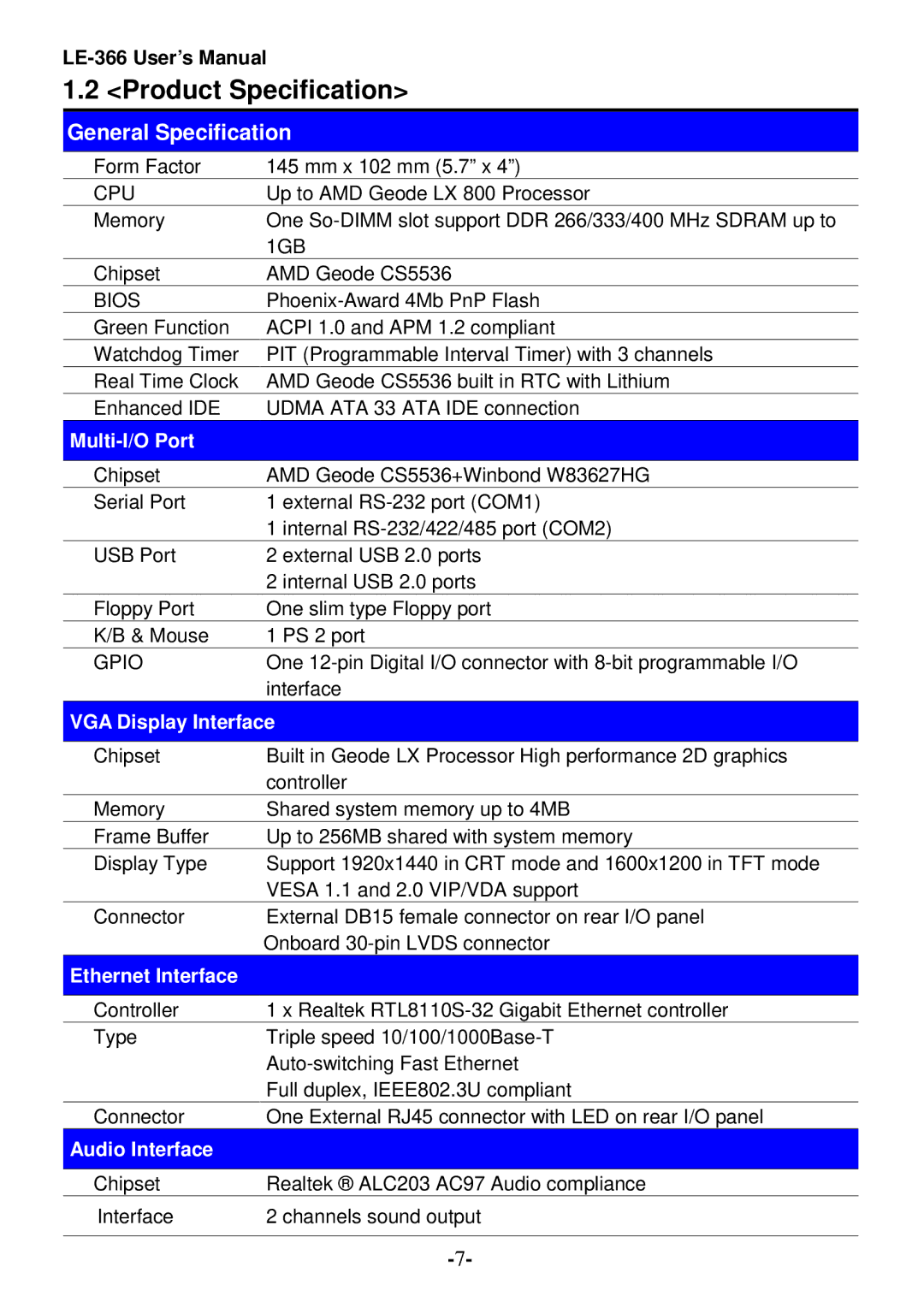 AMD LE-366 user manual Product Specification, General Specification 