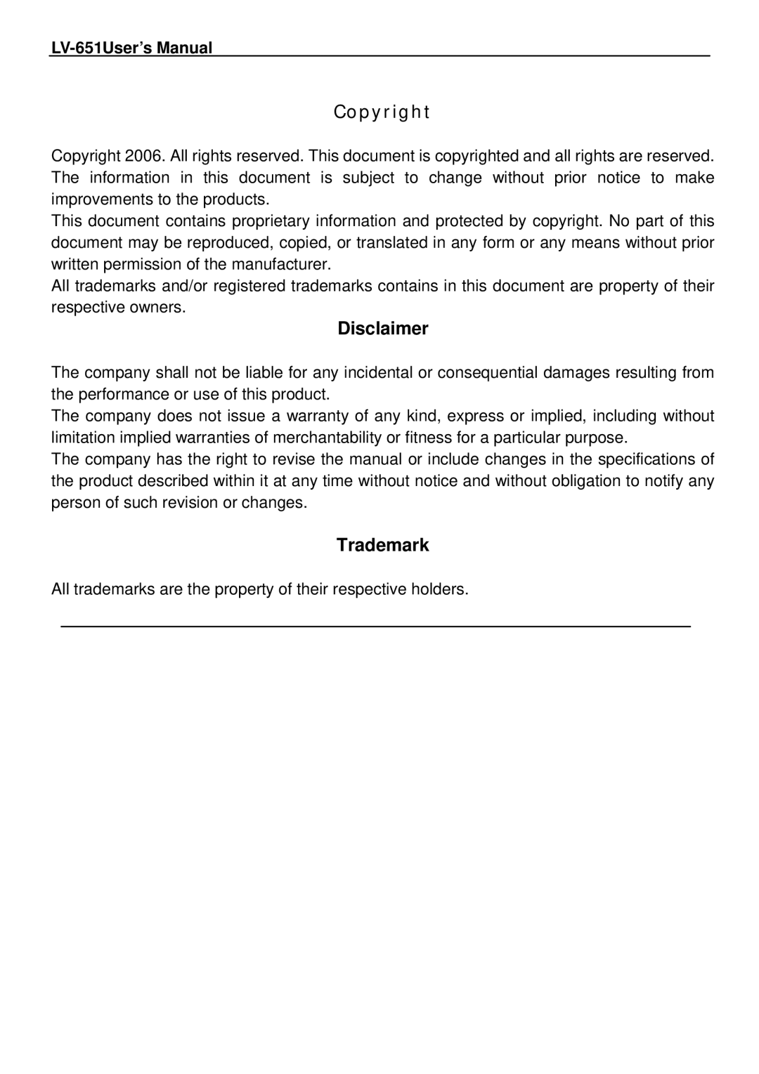 AMD LV-651 user manual Disclaimer, Trademark 