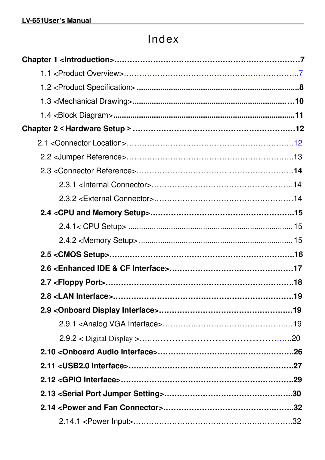 AMD LV-651 Index, Chapter Introduction………………………………………………………………7, Chapter ＜Hardware Setup ＞………………………………………………………12 