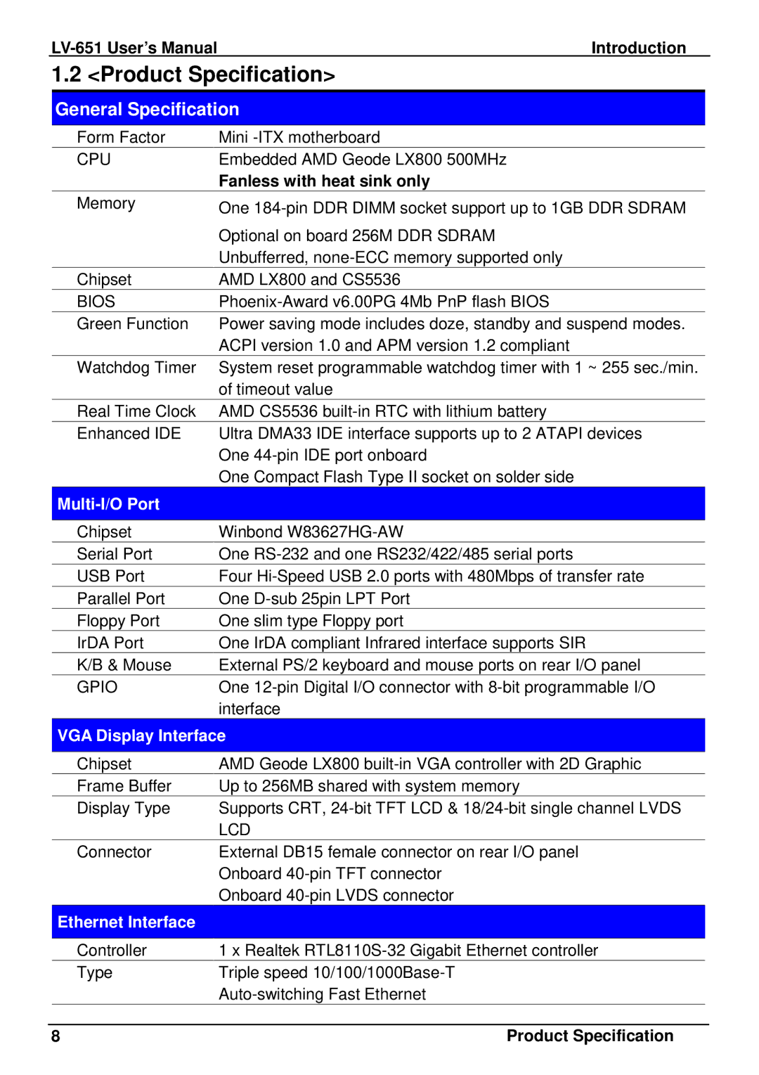 AMD LV-651 user manual Product Specification, Multi-I/O Port, VGA Display Interface, Ethernet Interface 