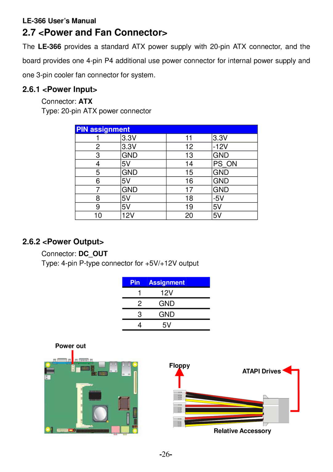 AMD LX800 user manual Power and Fan Connector, Power Input, Power Output 