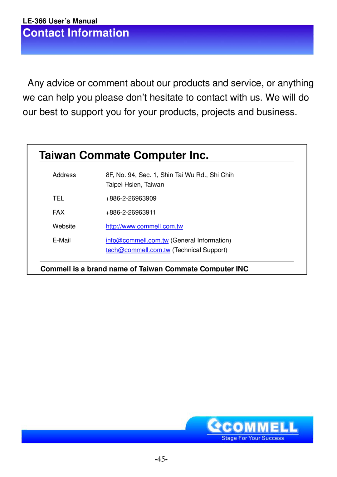 AMD LX800 user manual Contact Information, Taiwan Commate Computer Inc 