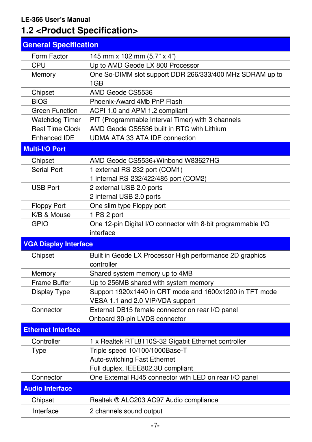 AMD LX800 user manual Product Specification, General Specification 