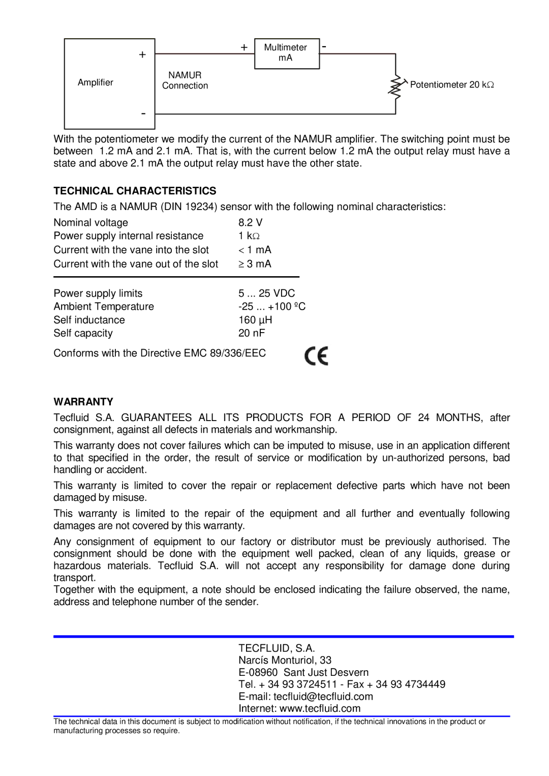 AMD M21 manual Technical Characteristics, Warranty, Tecfluid, S.A 