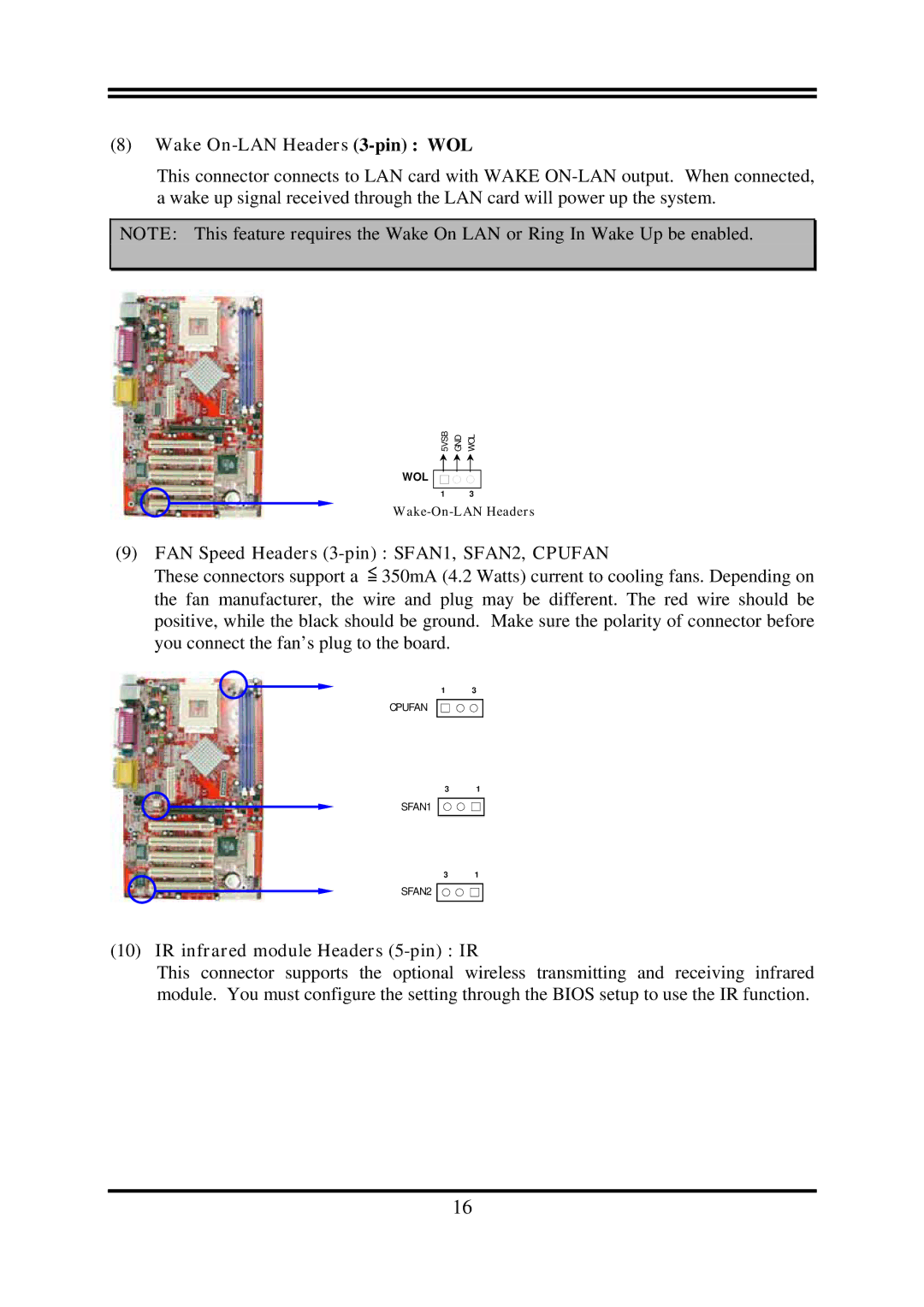 AMD N2PAP-LITE, N2PA-LITE user manual Wake On-LAN Headers 3-pin WOL, FAN Speed Headers 3-pin SFAN1, SFAN2, Cpufan 